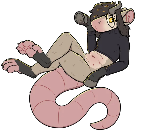pebble's sona, floating in the air on its back, its large tail curled underneath it, its legs crossed one over the other, possum footpaws in full view. it's wearing a cropped black turtleneck, short enough to show off its pink belly with 6 belly nipples. it's waving at the viewer with a hoof, looking happy to see them. its body and glasses have a subtle yellow edge glow to them.