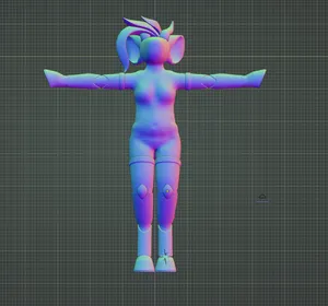 the model viewed from the front, now with both arms and legs fully modeled, both ending in identical equine hooves. a basic attempt at hair is visible on the head, it's clearly unfinished.