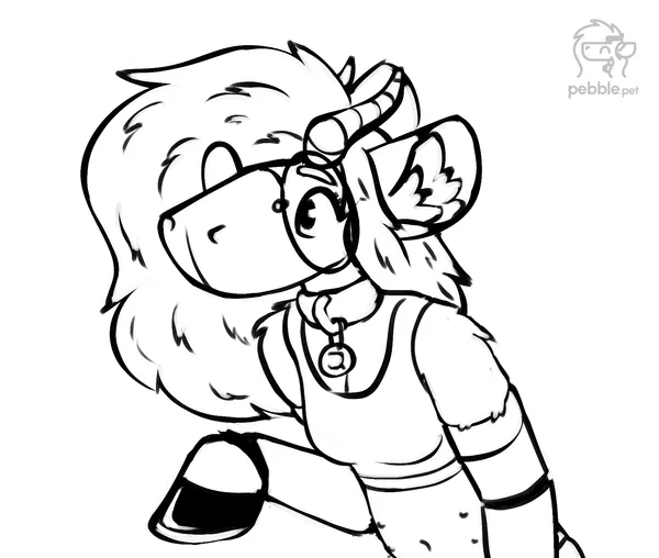 pebble's sona, a funny horned capybara opossum mix with mechanical hooved arms, comically oversized hair and big round glasses; she's leaning forward, one hoof raised, looking at someone or something off screen; she's doing a kinda doggy pleading pose