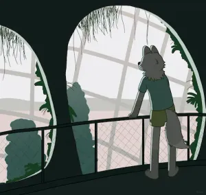 auris from behind, leaning against a railing in some sort of abstract large enclosure environment. their proportions are more cartoony than usual.