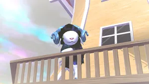 a sunfluffs screenshot. a sheep-like character is leaning against the railing of a windmill, looking down towards the viewer, smiling.