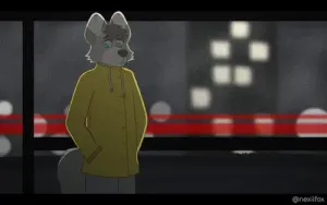 auris wearing a yellow raincoat, waiting at a bus stop in the rain, looking all sad; the lighting is very atmospheric, the background is black and white except for a red streak of light reminiscent of long exposure of car taillights; it's nighttime and raining