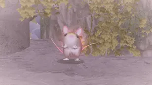 a sunfluffs screenshot. a small chinchilla-like animal is standing on its hind legs, front paws up, looking at the viewer.