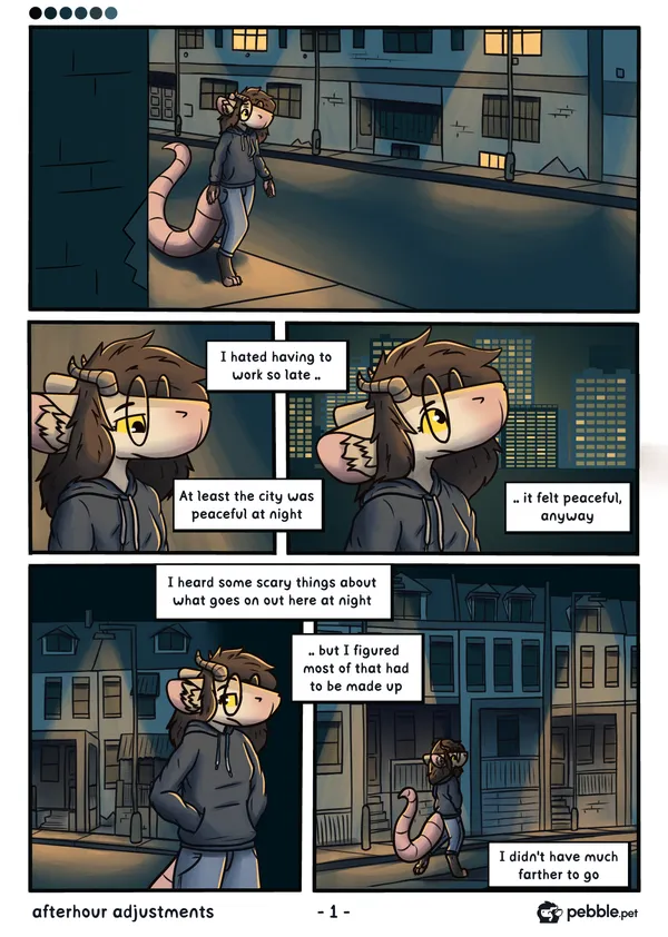 The first page of Afterhour Adjustments. Pebble is seen walking down a dark city street, only lit by streetlamps. It appears to be a sort of industrial area. A closeup of pebble, then her looking at the city in the distance, with the following narration: 