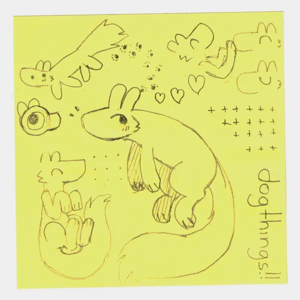 a scanned sticky note with drawings on it. the drawings are of very simple dog-like creatures, sort of just floating around in cute poses. there's also some random elements around to fill empty space