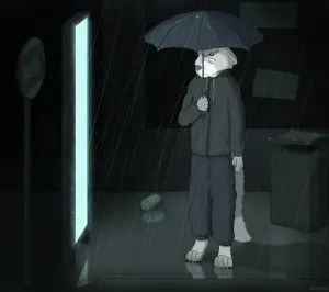 auris standing at a bus stop in the rain, holding an umbrella above themself. the scene is very dark and cinematic.