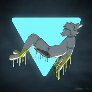 an unknown green fox character, floating in a dark void with an abstract bright triangle behind them. their colors appear to be draining from them, dripping down. they appear still, emotionless.