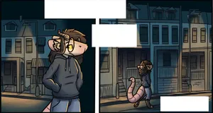 two panels of pebble walking along a street at night, rows of varied townhouses in the background behind her, dimly lit by warm streetlights.