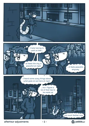 The third iteration of the first page of Afterhour Adjustment. It's the same as the second, except everything is tinted blue and the overall look is much brighter with a lot less contrast.