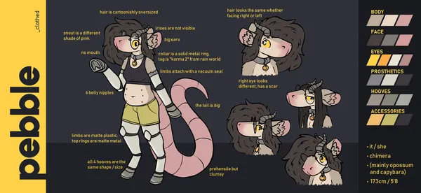 a reference sheet for pebble's fursona, this is the clothed version; pebble's sona is a chimera with a possum tail and capybara face and horns. she's missing her limbs and instead has prosthetics ending in equine hooves. she doesn't have a mouth. the ref features a view of her standing with notes around it, a view of her other side showing her blind eye, then small drawings of her with wet hair, facing sideways and facing down. on the bottom right it says 'it / she, chimera (mostly opossum and capybara), 173cm / 5'8'. on this version she's wearing shorts and a sports bra