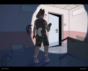 aksai facing away from the camera, pointing a flashlight towards a door that's slightly ajar. they're in a room that's slightly flooded, furniture tossed around. other than the light from the flashlight the room is dark.