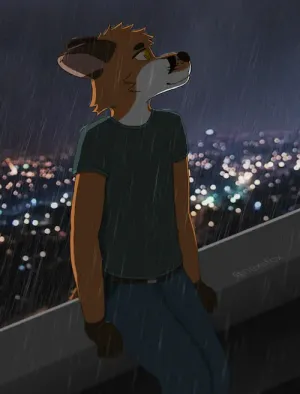 this was a request for someone, i don't remember who it was a long time ago - it's an anthro fox sitting on the edge of the roof of a tall building at night in the rain, looking up at the sky longingly, in the background are lots of out of focus city lights