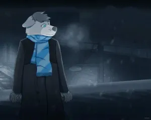 auris sitting on a wall, wearing a winter coat. it's night, dark and snowing, the only light is coming from a street lamp. their breath is visible due to the cold. behind them are barely visible train tracks and a building in the distance.