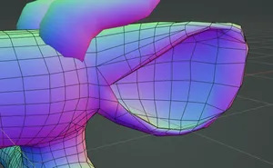 a wireframe of one of the ears, showing unevenly sized polygons with poor spacing, layout, and flow.