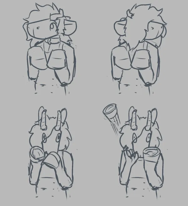 4 panel sketch comic of pebble's fursona, a mouthless hooved chimera thing. she's looking around, left to right, her hooves in front of her. she points her head down, looking directly towards the viewer, one hoof against the upper part of another. her pupils shrink as she flicks the hoof off, revealing a hand underneath. it's supposed to look like a very similar scene of a deer from adventure time 