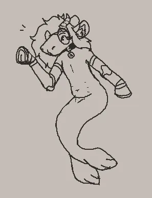a sketch of pebble's fursona in its seal form with a seal tail for legs waving its hoof to the left, it appears happy. her chest is smooth and featureless. pebble’s fursona is a chimera type anthro creature with big poofy hair, a long bulky mouthless snout, big fluffy ears, angled horns and 6 belly nipples. her arms are mechanical and end in equine type hooves. she has a seal tail with two small flipper feet at the end. she has big round glasses and a seamless metal collar.