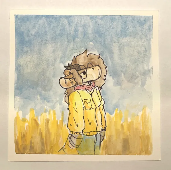 a watercolor drawing of pebble on a small square. she's standing in a yellow field with a blue sky in the background, she's wearing blue pants, a yellow jacket and a red scarf. she's standing still, looking up at the sky longingly