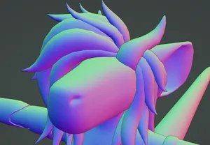 pebble's hair from a 3/4 view. it matches the general vibe of pebble's 2d hair, with perceived large volume. it's made up of large individual strands and a little messy. the head also has nostrils now.