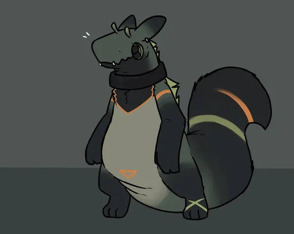 a digital drawing of crew, a lizard type creature. they have a short but bulky build, short legs, a large tail, and a big rubber looking collar. their face doesn’t have eyes and there are circular holes in their cheeks showing off their teeth. their main colors are green and grey with orange accents.