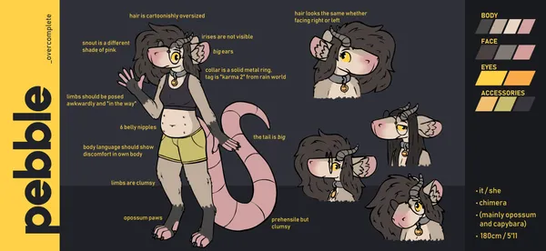  reference sheet for pebble's fursona, this is the 'overcomplete' version; pebble's sona is a chimera with a possum tail and capybara face and horns. on this version she's not missing her limbs and she has a mouth. the ref features a view of her standing with notes around it, a view of her other side, then small drawings of her with wet hair, facing sideways and facing down. on the bottom right it says 'it / she, chimera (mostly opossum and capybara), 180cm / 5'11'. on this version she's wearing shorts and a sports bra. this version should only be used when the other versions would be unfitting for the context; she has biid and does not like being this way.