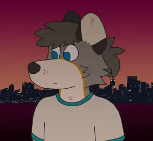 a simple portrait of pebble's fox sona in front of a cityscape in the far background