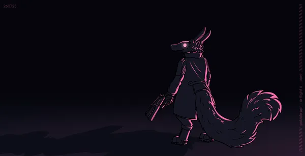 harsh, a large critter with a big bulky snout, standing still in a dark void, dimly lit with faint pink light from behind, their weapon in their hand by their side, ready to be pointed at whatever they're facing. they're wearing a large trench coat with a big collar and a hole for their big fluffy tail, as well as sturdy digitigrade boots and fingerless gloves. their face is expressionless.