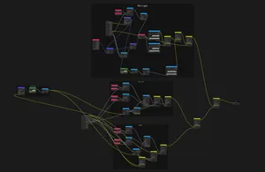 a screenshot of the mess of shader nodes, connected to each other in a way that visually doesn't make any logical sense, it's a whole mess.