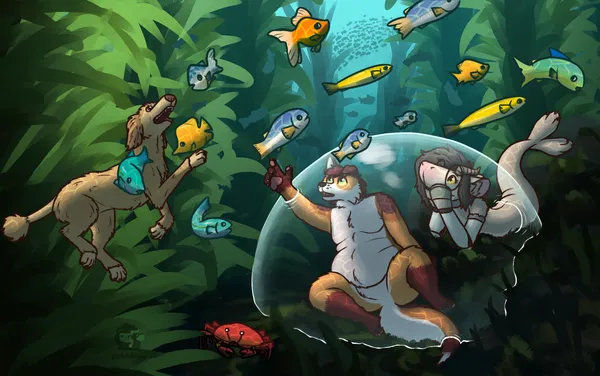 a drawn underwater scene, taking place on the ocean floor, between lots of seaweed. lots of differently colored tropical fish swim by as pebble and its big dog of an owner sit in an air bubble, watching the fish. pebble is in its seal mermaid form, with its rear half replaced with a seal tail and flippers. it's supporting its bulky blank snout with its forehooves as she lays on her belly, looking up. the big dog is sitting next to her, leaning to the side, looking up, reaching outside of the bubble with one handpaw. next to them, swimming in the water is a brown poodle dog, with his mouth open, attempting to catch one of the fish.