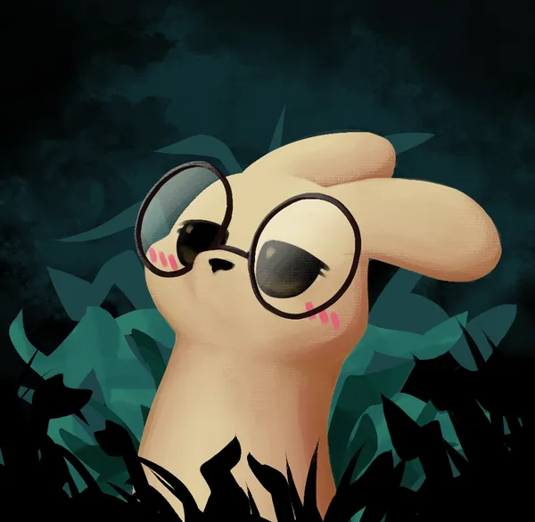 a digital drawing of a sligtly yellow slugcat, standing surrounded by a lot of plants, looking up and away from the camera, blushing. it's wearing big round glasses. the style is very similar to the actual game's artstyle.