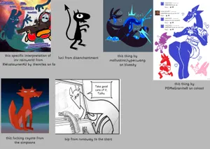 A board with the characters who inspired Rascal. The specific interpretation of Inv rainworld from RWcatownerAU by themiles on fa. Luci from disenchantment. A very rascal-shaped critter by  molluskink.hyper.wang on bluesky. UNDEFINED by POMeGraniteR on cohost. The weird coyote thing from the simpsons. Bip from runaway to the stars.