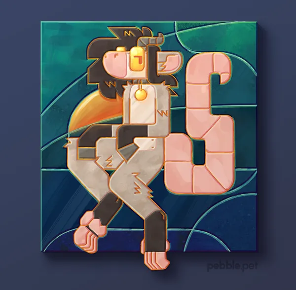 a drawing / painting of a mosaic of pebble's sona displayed on a wall. the mosaic features sharp angles and a lot of parallel lines. it appears made of different kinds of coloured polished stone separated by greenish weathered copper-like and yellow gold-ish lines. the background is different hues of green and blue, with a yellow highlight in the middle. pebble appears to be sitting, looking off to the side. pebble is a coffee-coloured anthro chimera creature with long fluffy hair, big ears, a big bulky mouthless snout, dragon-like horns, equine hooves for hands and a big meaty tail. 