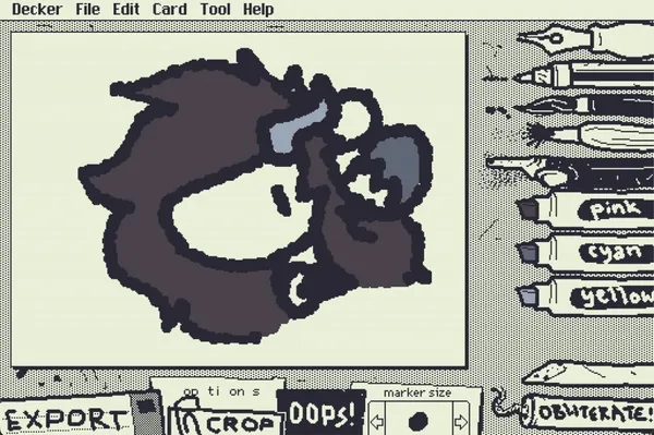 a low resolution pixelated drawing of pebble’s fursona’s face. it’s missing some details like its nostrils or glasses, none of it is very defined. it’s shown in a drawing program called "wigglypaint", which visually looks very retro with a 1 bit black and white aesthetic. all the lines on the actual drawing are wiggly.