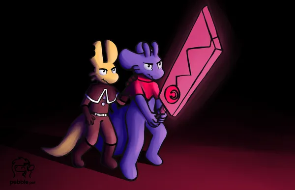 the protagonist of slime quest standing in a guard pose, holding their sword, ready to fight whatever is in front of them. standing behind them is tricky, another slime, with their left hand on the protagonist's shoulder. they both look very angry, the protagonist tearing up with anger. they're standing in a pitch black void, only lit by a dim magenta light coming from in front of them and their sword.