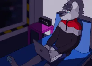 auris, my other oc, sitting on a bed looking thing with a laptop on their lap. auris is a gray anthro polar fox with short hair and blue eyes. the laptop's screen is the only light in the otherwise dark room, it's lighting up his face and leaving a stark shadow behind him. he's wearing a hoodie and shorts. there's a clock on the bedside table showing the time as 22:16 (10:16pm). in the background an out of focus window can be seen with yellow and black hazard stripes around it