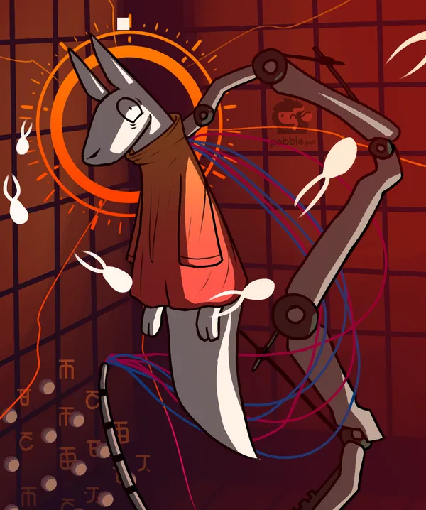 a small pale creature with sharp pointy ears and a large tail, wearing a long droopy orange cloak covering most of its body, seen in an iterator chamber from rain world, which is a large cubical chamber with its walls covered in tiles. the slugcat is attached to a mechanical arm much larger than it via its spine, many loose wires coming out of its back, connected by a larger wire at the bottom of the image. the slugcat looks very mentally unstable, staring at the viewer, it's clearly going through a lot. in front of it float several white neuron flies, while behind it is an iterator halo, a circle with many spokes. it has the mark of communication, which is represented as a white square above its head.