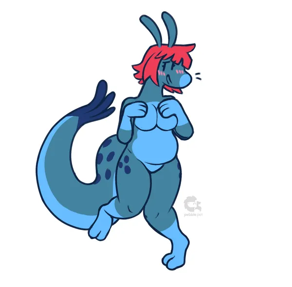 a chubby blue anthro slug/slime with bright magenta hair standing on one leg, her hands on her chest, boobs squished together. she's looking at the viewer all embarrassed  