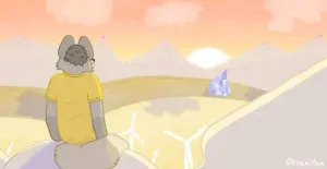 auris sitting down on a wind turbine, overlooking a yellow field with more wind turbines, a small town far off in the distance, mountains on the horizon; the lighting is bright and yellow, the sun appears to be setting behind the mountains; auris is facing away from the viewer.