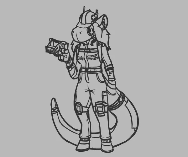 a digital sketch of pebble’s fursona dressed up like the pioneer from satisfactory, wearing their overalls, a hard hat, and holding the build tool. pebble's fursona has a big blocky snout, short curved horns, large ears, big poofy hair and no mouth. she wears large round glasses and a solid steel collar with a “karma 2” symbol on it. her limbs are mechanical, all ending in identical equine hooves, except for her right one which has a 3 finger hand.