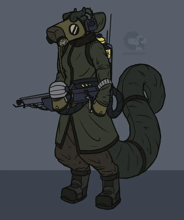 pebble's fursona, an anthro chimera creature, wearing a full body hazmat outfit. it features a custom fit gas mask for her face, a trench coat, digitigrade boots, and coverings for her tail, ears and horns. she's holding a scifi flamethrower-looking thing that's connected to a backpack with a transformation symbol on it. the symbol was designed by yaodema