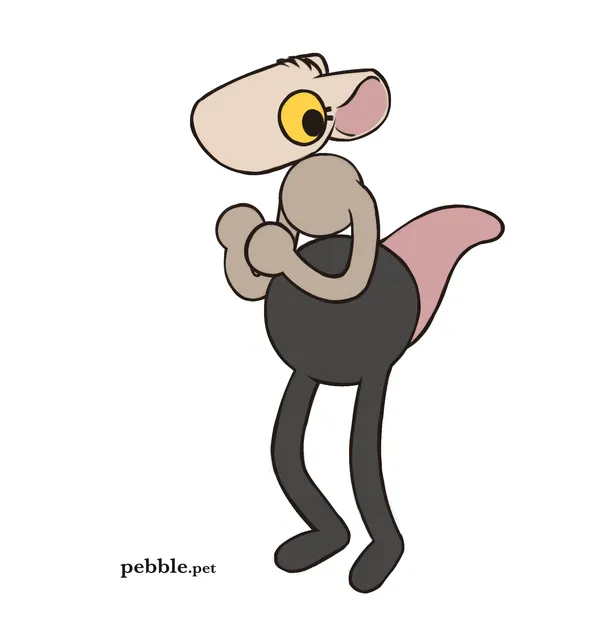 a drawing of pebble's sona in the style of one of the big walk player characters. her body's made up of 3 segments, the lower 2 being simple spheres. she has very simple cartoony arms and legs, a short stubby tail, and her face is loosely shaped like her regular snout, with the only distinguishable features on it being her large eyes and ears. she's putting her round "hands" in front of herself shyly, looking away.
