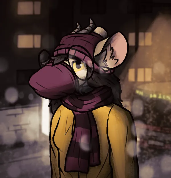 a portrait of pebble wearing cozy winter clothes. she's wearing a beanie hat, a long scarf, a yellow jacket and a sock on her snout to keep her warm. she's looking at the viewer longingly. the lighting is very atmospheric, snow can be seen falling, blurred in the foreground. in the background is a bus stop, lit by a street lamp and an advertisement on its side, with a bus stopped in front of it. in the far background are prefab apartment blocks.