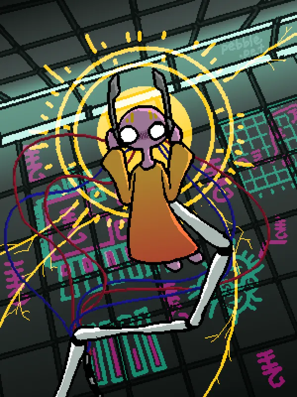 a low resolution / pixelated artwork of five pebbles. he’s seen in his chamber, his hands on the sides of his face, his eyes wide open, his expression blank. the background is dark, the walls of his chamber are covered in holograms hinting at the poor state of his structure.