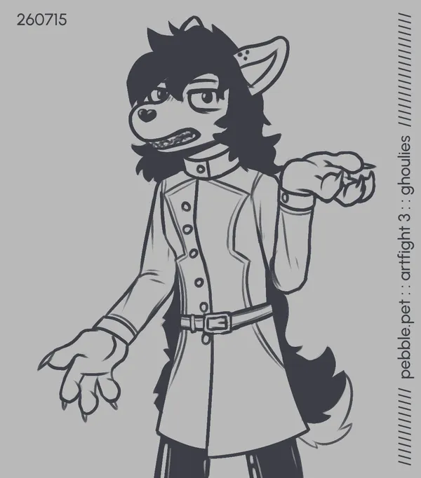claire, a cartoony deer with sharp teeth and dark long hair, wearing a military trench coat, standing up and looking at the viewer. her body language and expression indicate confusion and frustration. 
