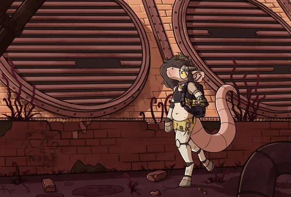 pebble's fursona can be seen walking through an abandoned, overgrown and rusted canal with two large vent looking things behind it. her prosthetics look worn, her clothes torn, her ear is missing a little chunk and her horn had its tip chipped off. one of her arms is a robotic looking arm made from scrap metal, it has many stickers on it. she's wearing a flower crown. this is an alternate version without a depth of field effect.