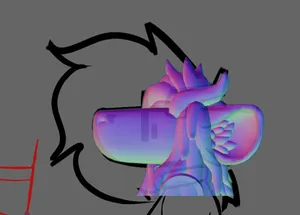 a side view comparison of the original model sketch vs the 3d model of the hair. the modeled hair is at most a quarter of the volume of the sketched out hair.