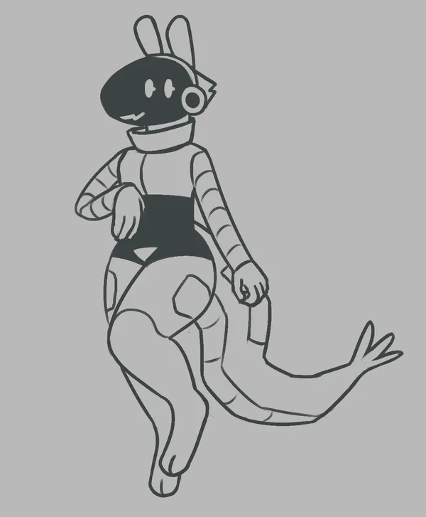 a curvy anthro robot with a shrimp tail, standing on one leg, the other raised. the expression on their visor face looks happy.