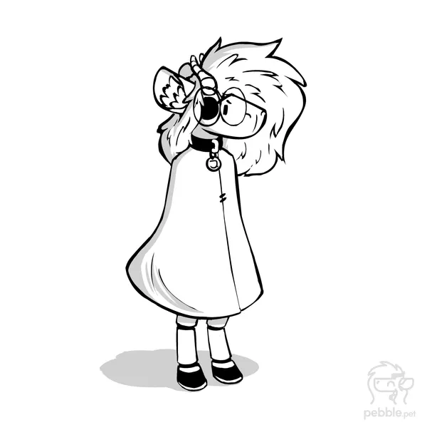 a black and white pebble standing up and looking at the viewer, she looks sad / concerned / worried. she's wearing a white cloak that's covering most of her body, only revealing the lower third of her hooved legs. she's wearing an eye patch over her right eye.