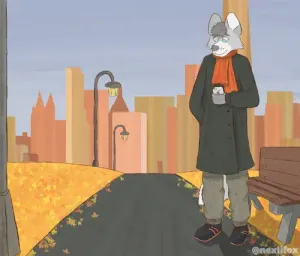 auris standing next to a bench, which is next to a path in a park. there's a low detail cityscape in the background. they're on their phone. it appears to be autumn.