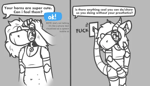 two doodles. first one: anonymous asks, your horns are super cute. can i feel them? pebble responds 