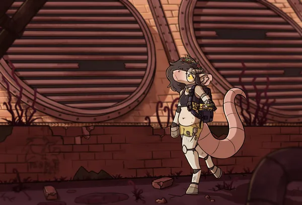 pebble's fursona can be seen walking through an abandoned, overgrown and rusted canal with two large vent looking things behind it. her prosthetics look worn, her clothes torn, her ear is missing a little chunk and her horn had its tip chipped off. one of her arms is a robotic looking arm made from scrap metal, it has many stickers on it. she's wearing a flower crown.